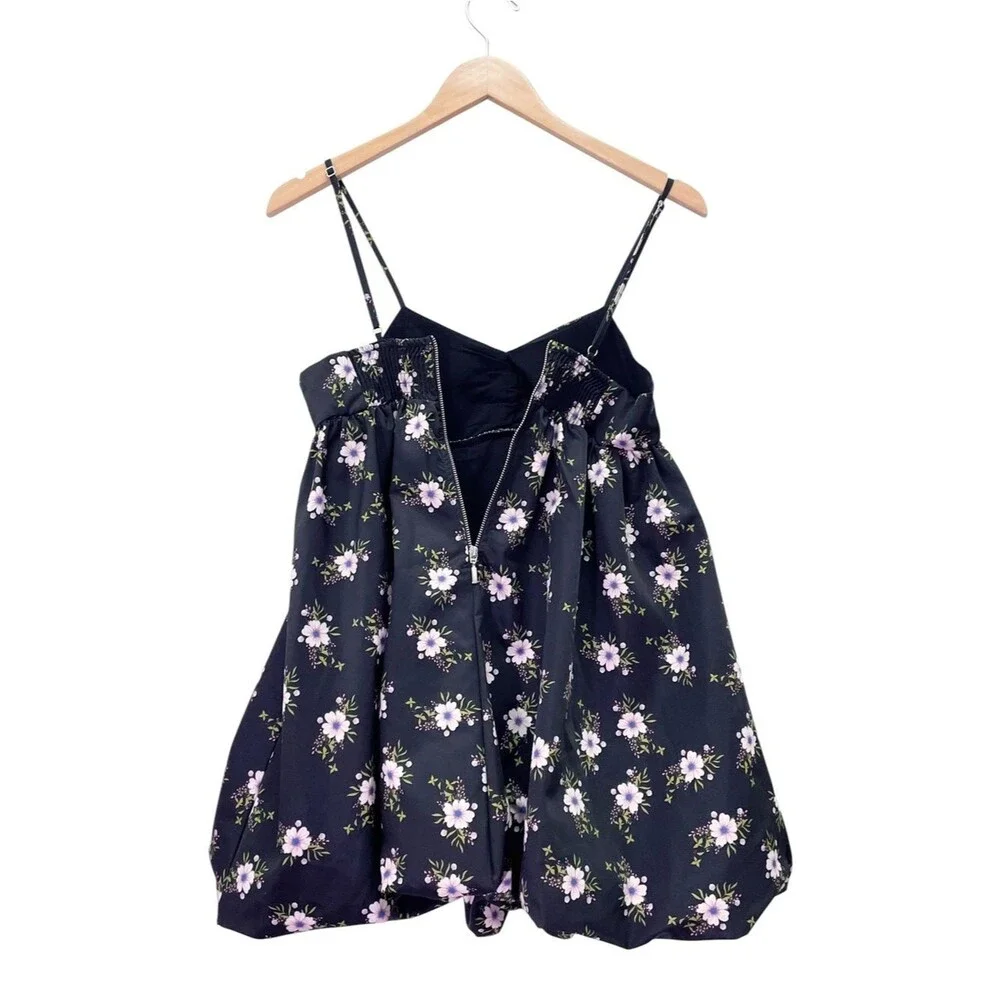 Free People In A Bubble Mini Dress Size XS Black Floral Bubble Hem Empire Waist